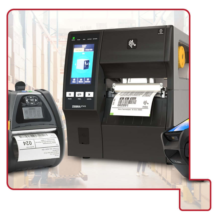 Zebra brand barcode label printers in a warehouse setting, printing product tracking and shipping labels.